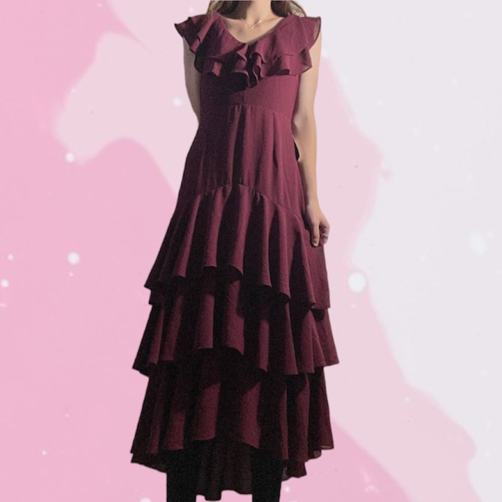 New Lulus Betsey Burgundy Ruffle Tiered Midi Chiffon Dress Medium